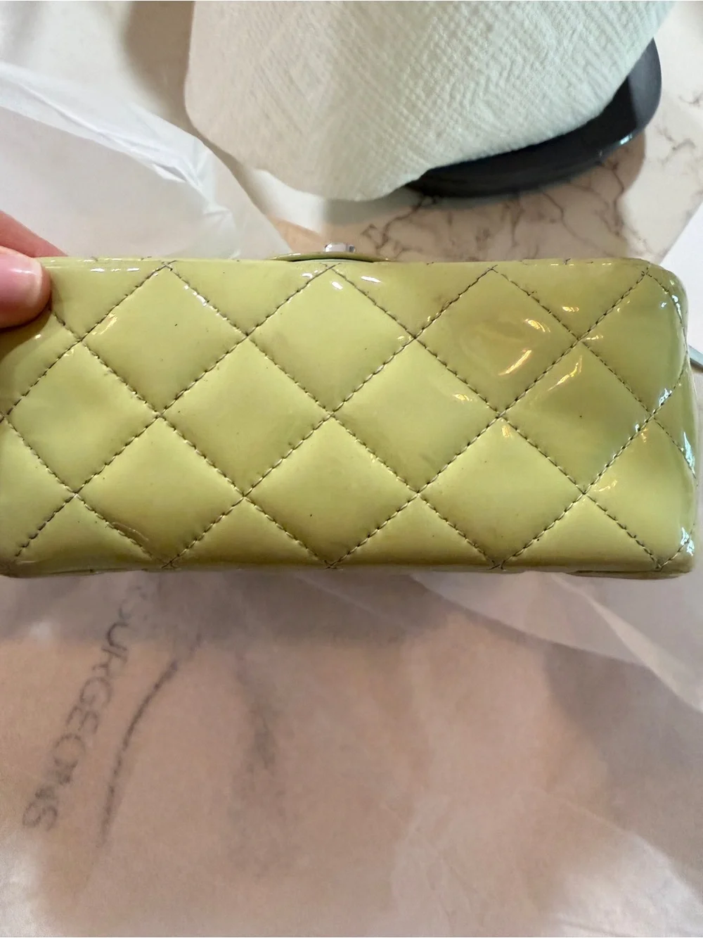 CHANEL Quilted Patent Leather Mini Flap Bag in Lime
